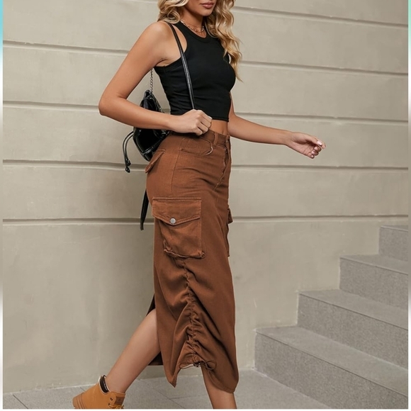 Source Unknown Dresses & Skirts - Midi Denim Cargo Skirt Casual Y2K High Waist Side Drawstring Skirt Size XXL NWT